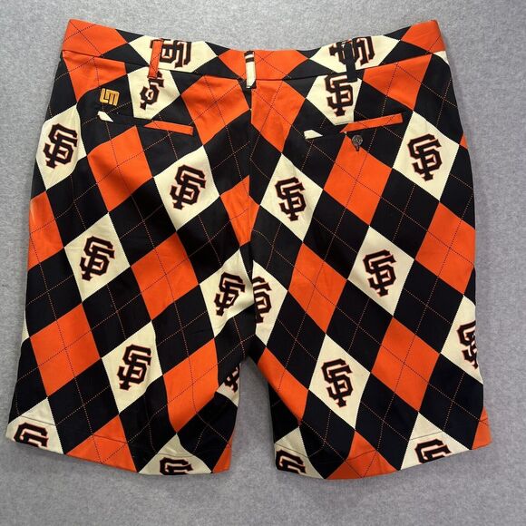 San Francisco SF Giants MLB Argyle Plaid Orange Black Golf Shorts Sz 42 - Picture 2 of 12